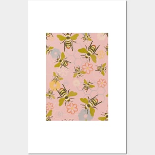 Vintage Honey Bees, Honeycomb and Flowers on dusty rose repeat pattern Posters and Art